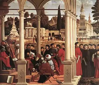 Dispute de saint Étienne, 1514, 147 × 172 cm, huile sur panneau, Pinacothèque de Brera, Milan.