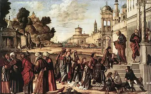 Saint Étienne et six de ses collègues diacres consacrée par saint Pierre, 1511, 148 × 231 cm, tempera sur toile, Gemäldegalerie (Berlin).