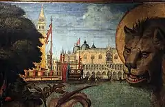 Tableau avec végétation et tête de lion auréolée au premier plan, au second de l'eau, au fond un campanile et une façade ouvragée