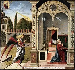 Peinture. L'ange, debout  dans un jardin, montre la colombe à Marie, agenouillée à l'intérieur.