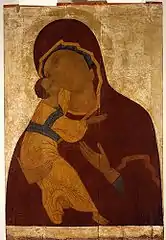 Notre-Dame de Vladimir, icône de l'église Vladimirski. Début du XVIe siècle. Vologda. Musée-réserve de l'État d'art et d'architecture de Vologda