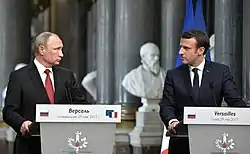 Vladimir Poutine et Emmanuel Macron lors de la rencontre franco-russe au château de Versailles, 29 mai 2017.