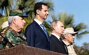Bachar el-Assad avec Vladimir Poutine et Sergueï Choïgou