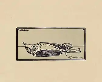 Oiseau mort (gravure sur bois, 1917)