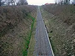 La voie ferrée et une borne kilométrique