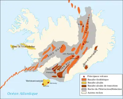 Carte montrant les principaux systèmes volcaniques de l'Islande.