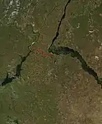 Vue satellite avec le canal Don-Volga marqué en rouge.