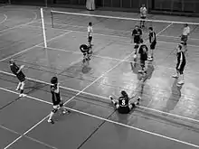 Photographie noir et blanc d'un match de volley-ball.