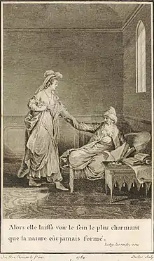 gravure représentant 2 personnages vêtus à l'orientale : à gauche une femme ayant le buste dénudé, à droite un homme à longue barbe blanche assis, enturbanné