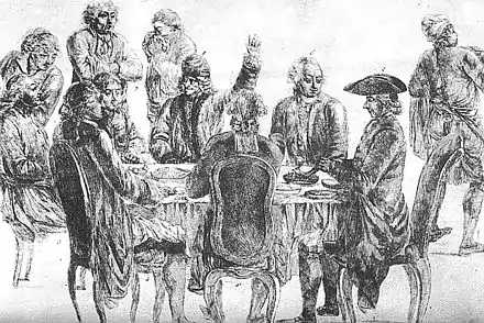 Voltaire et Diderot attablés au café Procope avec d'autres convives, et conversant