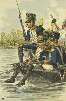 Voltigeurs français franchissant le Danube en 1809.
