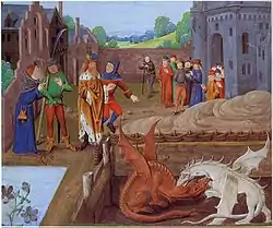 Un groupe de personnes dans un château, dont un roi, regarde un dragon rouge et un dragon blanc se battre.