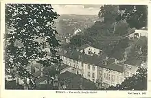 Vue ancienne de maisons urbaines avec des feuilles d'arbre au premier plan.