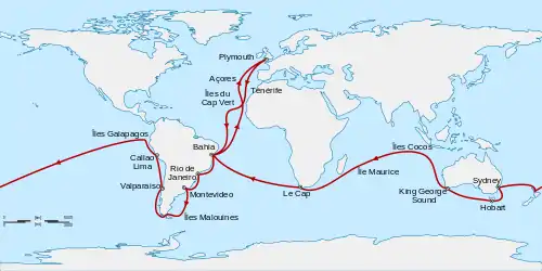 Carte du voyage du Beagle autour du monde.