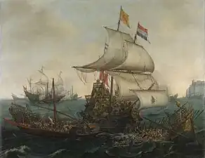 Hendrick Cornelisz Vroom, Navires néerlandais battant les galères espagnoles au large de la côte flamande en octobre 1602 (1617), Rijksmuseum Amsterdam.