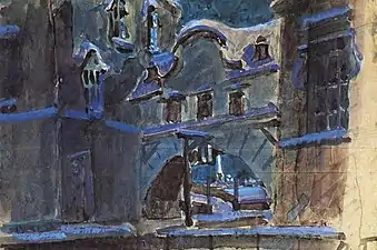 Esquisse de décor Le Petit Canal d'hiver pour La Dame de Pique, 1901 opéra de Piotr Ilitch Tchaïkovski Acte III tableau I. Aquarelle sur papier 15,5 × 22,5 cm