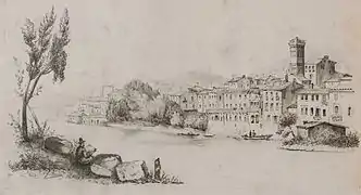 Vue de la ville italienne d'Orta San Giulio, dessin par le général Rouen, XIXe siècle, vers 1868.