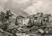 Lithographie en noir et blanc montrant un village bordé par son torrent.