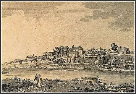 Lithographie en noir et blanc présentant, depuis la rive opposée, un village au-delà d'un cours d'eau.