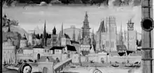 Photographie noir et blanc d'une miniature représentant une ville avec au-delà d'une rivière une cathédrale.