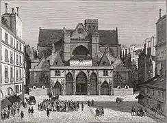 Vue de la place Saint-Germain-l'Auxerrois et de l'église en 1834 ainsi que du début de la rue Chilpéric qui longe le côté gauche de l'église (l'église a été désaffectée de 1831 à 1837 et portait alors l'inscription « Mairie du 4e arrondissement »)