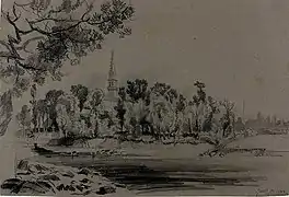 Vue de l'église de Loctudy dans son environnement en septembre 1860, par Alexandre Sole.