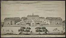 Gravure ancienne noir et blanc. Ensemble de l'hôpital en vue plongeante. Au premier plan, le cours d'Ablois avec ses arbres.