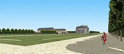 Vue du château et des communs depuis les parterres sud. XVIIIe siècle.