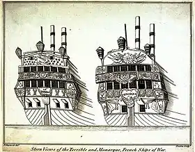 Le Terrible et le Monarque dans un port anglais après leur capture. Ces deux vaisseaux ne se sont rendus qu'après un combat acharné.