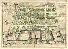Plan en perspective de 1695. Le bâtiment au premier plan, les jardins derrière.