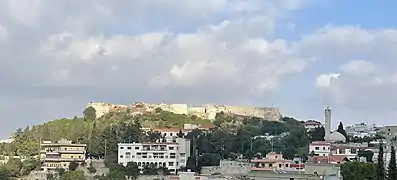 Vue du Toron des chevaliers à Tibnine côté de la Hâra al-Gharbié, une partie du village et de la nouvelle mosquée.