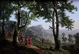 Tableau représentant en arrière plan un château-fort en haut d'une colline et une ville dans la vallée avec en premier plan des soldats en arme partant pour la croisade.