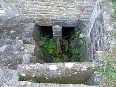 Vue du dessus du conduit droit du bief menant au Moulin de Kerguerhent en période d'étiage.