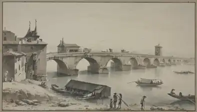 Vue de l'ancien pont de la Guillotière au XVIIIe siècle, premier sur le Rhône.