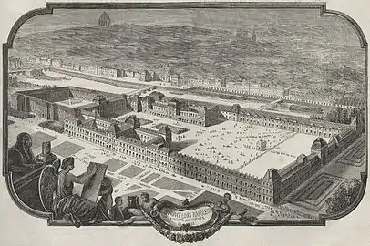 Vue perspective de la réunion du Louvre aux Tuileries faite à partir des plans officiels de L. Visconti et de la maquette présentée par Visconti en juillet 1852.