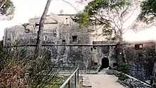 Château de Saumanechâteau en totalité, douves, pont d'accès, murs de soutènement