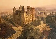 Illustration en couleur d'une vue aérienne d'un château.