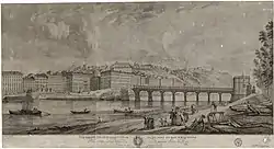 Vue perspective du quartier Saint-Clair de Lyon et du pont en bois sur le Rhône, vers 1800, estampe par Jean-Pierre-Xavier Bidauld, 1745-1813