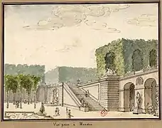 "Vue prise à Meudon" : l'escalier et le Petit Pont. Fin du XVIIIe siècle. par Thiery de Sainte-Colombe, INHA.