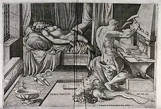 Vulcain forge des chaînes en métal pendant que Vénus dort, d'après Le Parmesan (n. d., Wellcome Library).