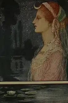 femme vue de profil, robe diaphane, cheveux roux, fond de nuit, croissant de lune. En bas, eau sombre avec fleurs aquatiques