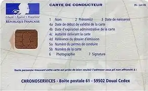 Côté pile d'une carte numérique de conducteur français.