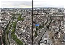 Vu du dessus, un large boulevard courbe bordé d'arbre, au milieu d'une habitation très dense.