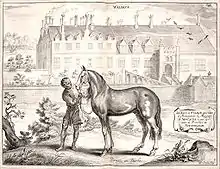 Gravure montrant un homme tenant un cheval par les rênes, au second plan un bâtiment