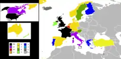 Membres du groupe Europe de l'Ouest et autres colorés selon le temps qu'ils avaient passé au Conseil de sécurité à la date de  2010.