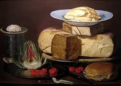 Nature morte avec fromages, artichaut et cerises, c. 1625.