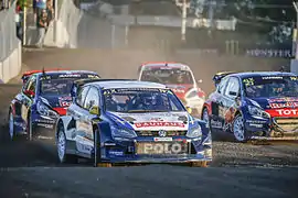 Johan Kristoffersson conduit devant Davy Jeanney, Timmy Hansen et Reinis Nitišs au Round 7 du Championnat du Monde de Rallycross 2015 au Circuit de Trois-Rivières, Canada.