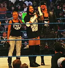 Photographie de l'équipe « Straight Edge Society », composée de CM Punk (au milieu), de Luke Gallows (à droite) et de Serena (à gauche).
