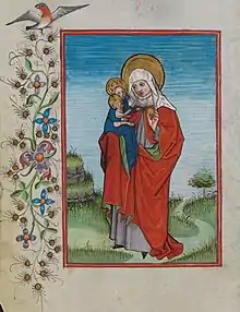 Enluminure représentant une femme habillée de rouge tenant sur le bras droit une minuscule femme en bleu et un bébé.