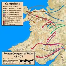 Campagnes dans le pays de Galles, dont celles d'Agricola (77-78)